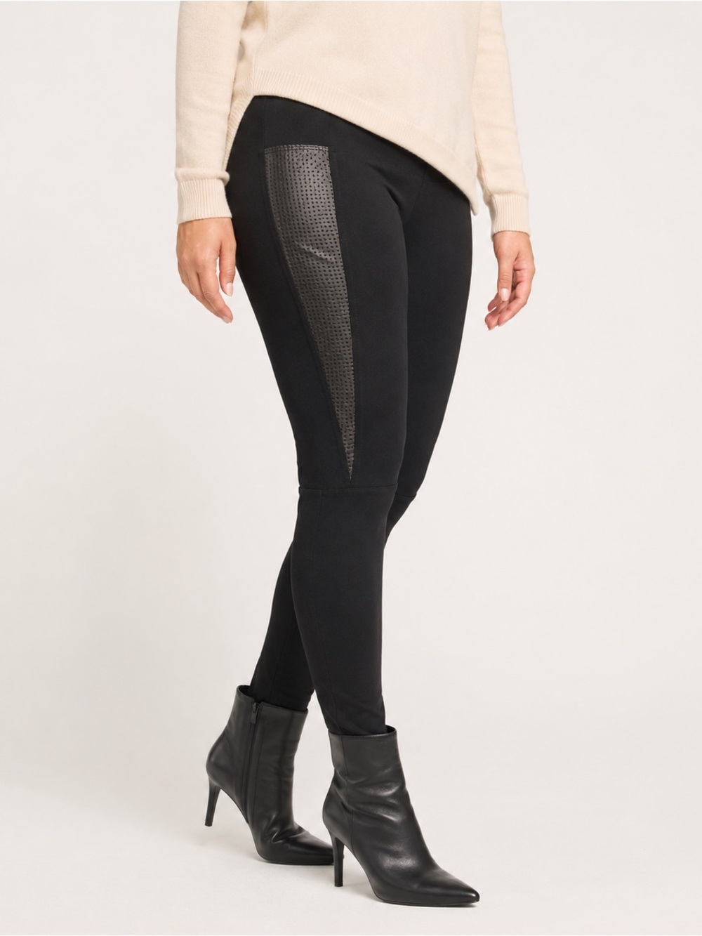 Black Leggings With Perforated Faux Leather Panels